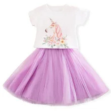 AmzBarley для детей ясельного возраста для девочек с единорогом платье-пачка 2 шт. хлопок, топы с кружевом платье принцессы наряды на День рождения; Детская летняя одежда