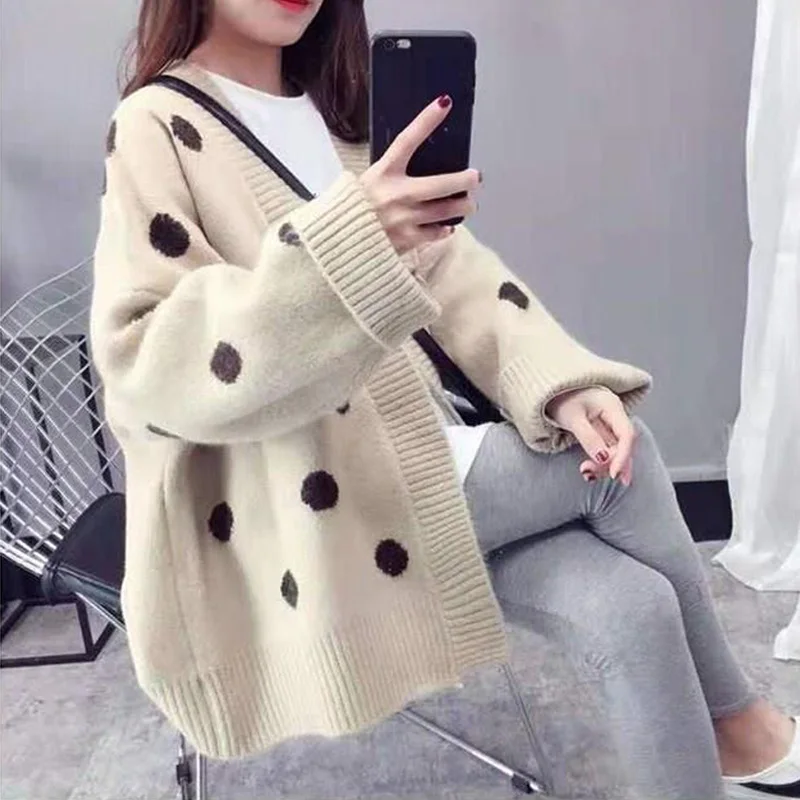 Осенне-зимний женский свитер кардиган в горошек 2019 г. Новые Модные свободные