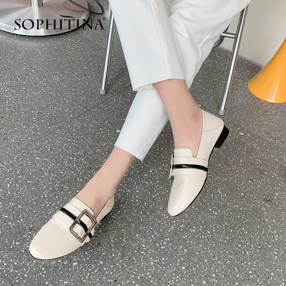 

SOPHITINA Comfortable Mules Flats High Quality Cow Leather Fashion Patchwork Round Toe Shoes Metal Decoration Women's Flats MO60