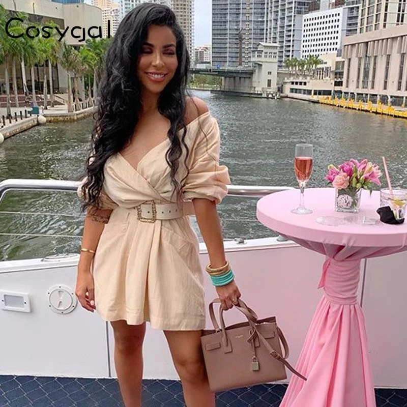 COSYGAL Lace Up Off Shoulder Long Sleeve Women Dresses Office Lady Party Dresses Chic With Belt Mini Khaki White Sexy Dress