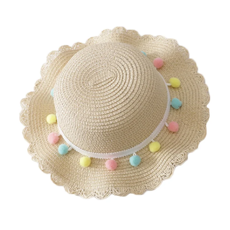 Lovely Hat Bag Set Wavy Straw Hats Colored Balls Cap Single Shoulder Bag for 2-8 years old girls Spring Summer Beach ZJ55