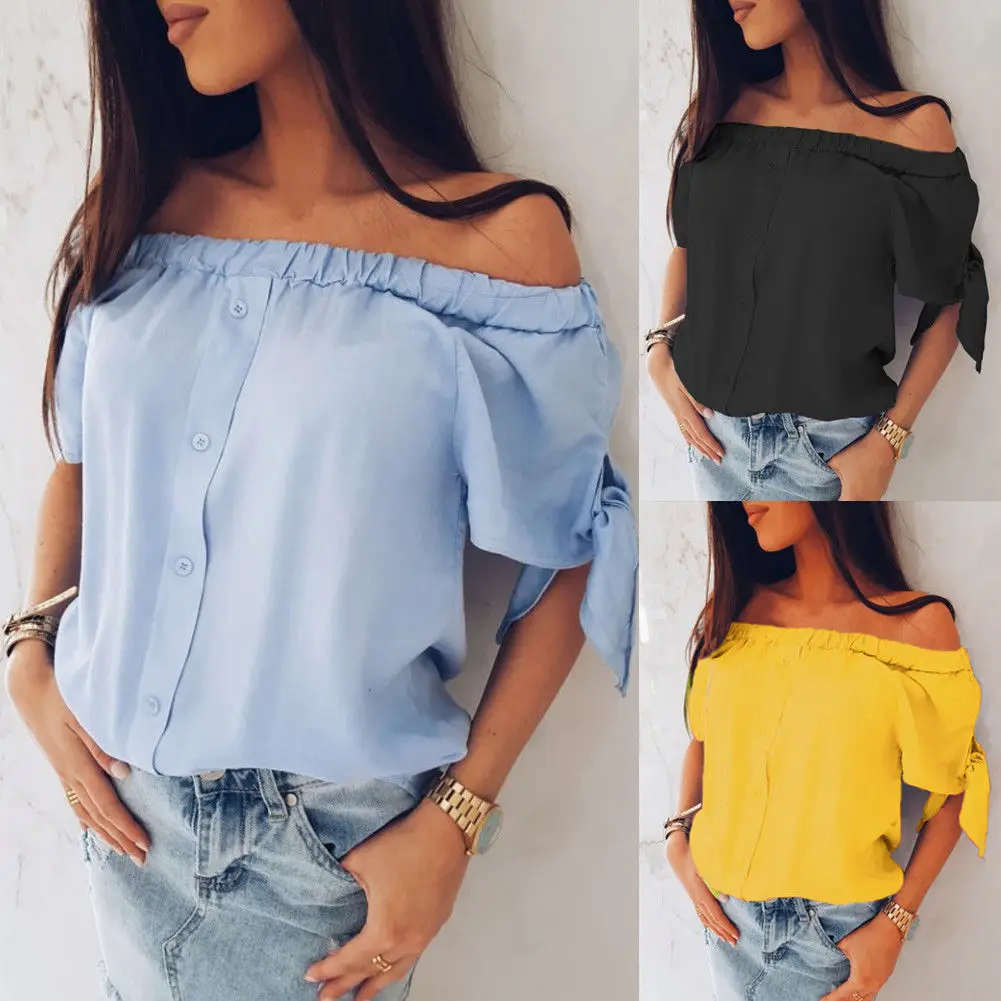 Women Fashion Summer Off Shoulder Short Sleeve Beach Casual Slash Neck Blouse |
