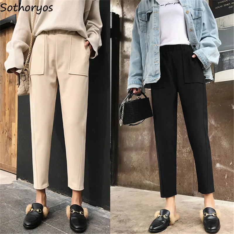 

Pants Women Thicker Elastic Waist High Quality All-match Soft Womens Korean Style Elegant Pockets Leisure Trousers Solid Ladies