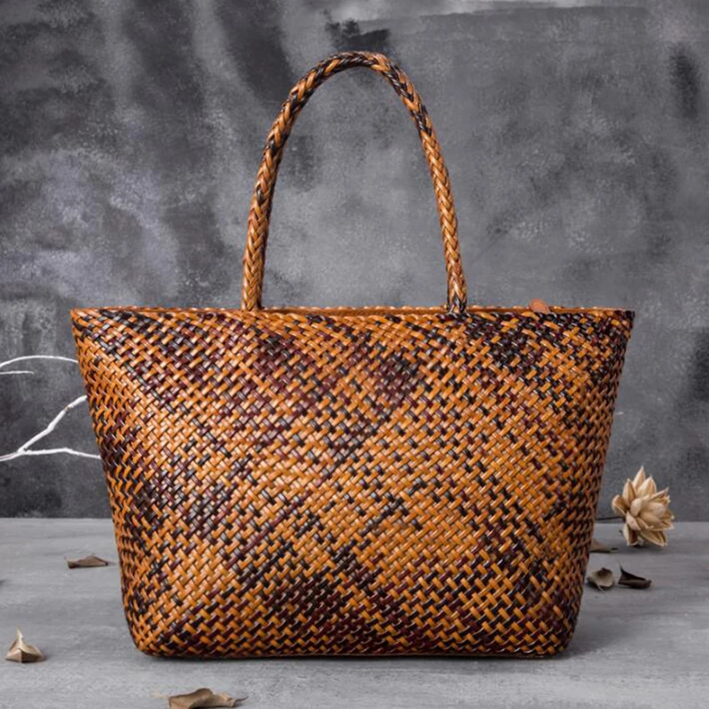 Women Leather Handbag Romantic Big Handmade Woven Totes Female Cowhide Big Holiday Bucket Bag Causal Beach Shoulder Handbags 3