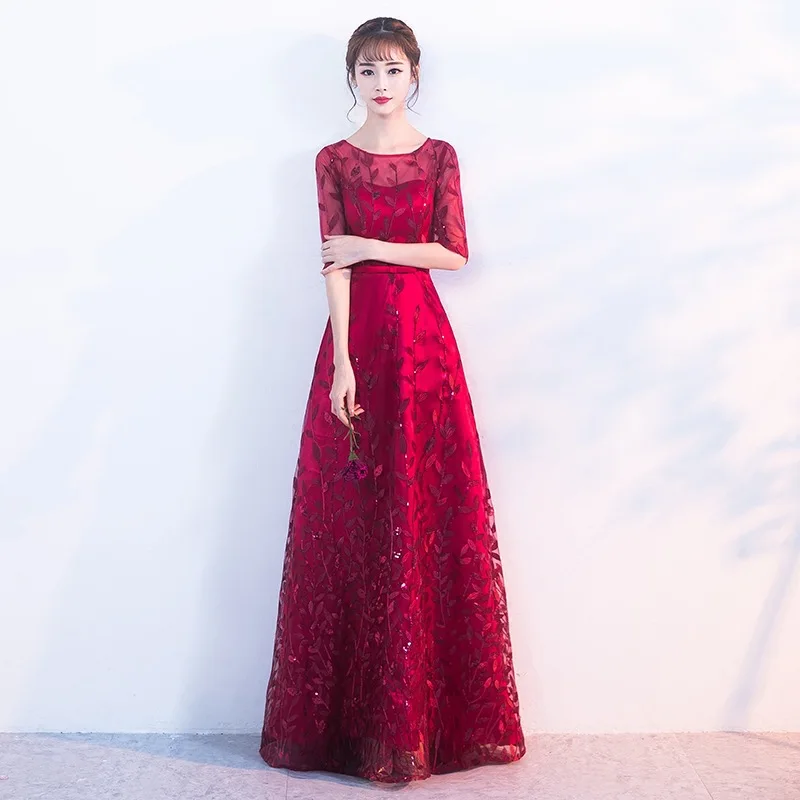 

2019 Hot Red Long Mid Sleeve Evening Dress For Wedding Round Neck Lace Sequins Appliques Ruched Tulle Party Dress Prom Gowns