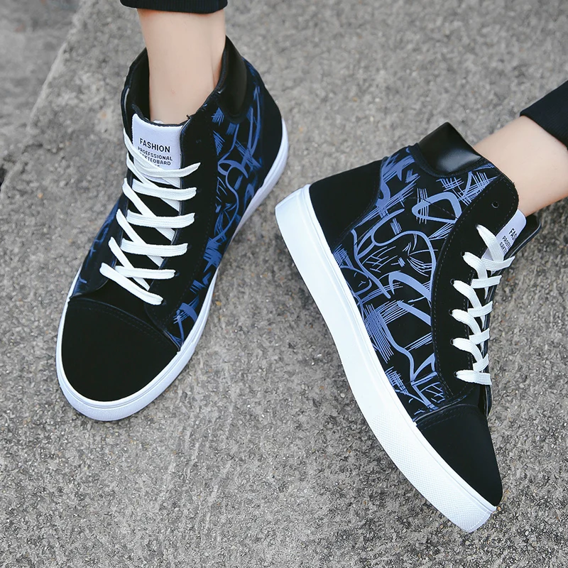

2019 New Canvas Shoes Men Casual Shoes Summer Fashion Men Graffiti Sneakers Mens Flats Slip Lace-Up High Top Shoes Male Footwear