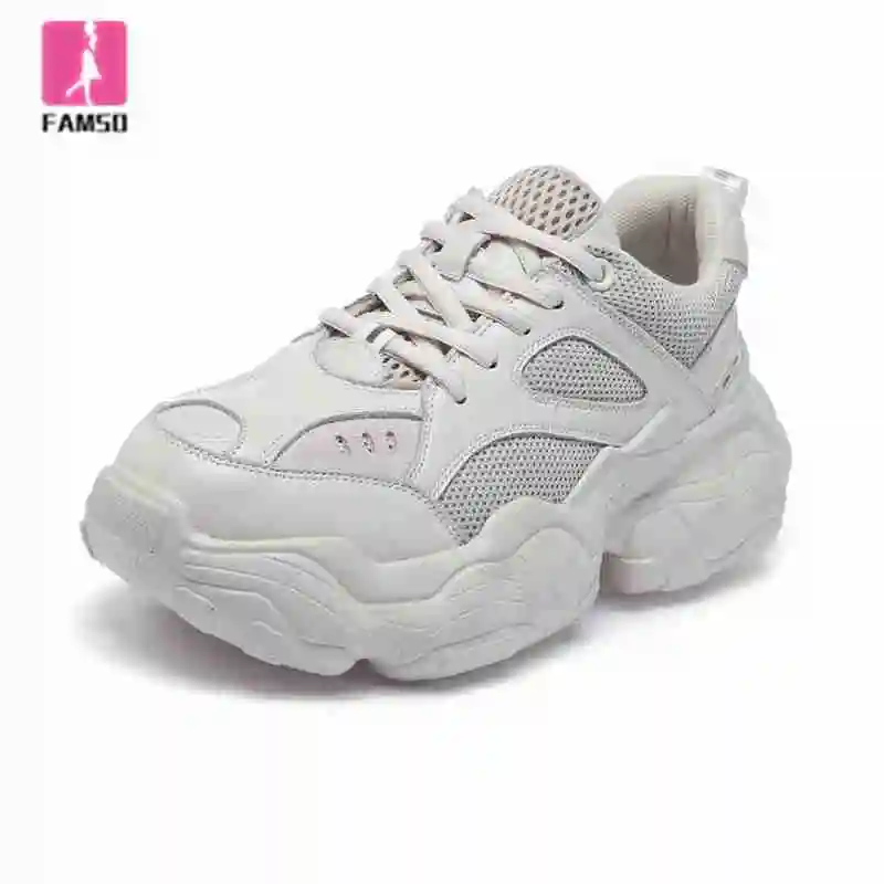

FAMSO 2019 New Arrival Women Chunky Sneakers White Spring Autumn Leather sneakers women breathable Running Shoes Dad Sneakers