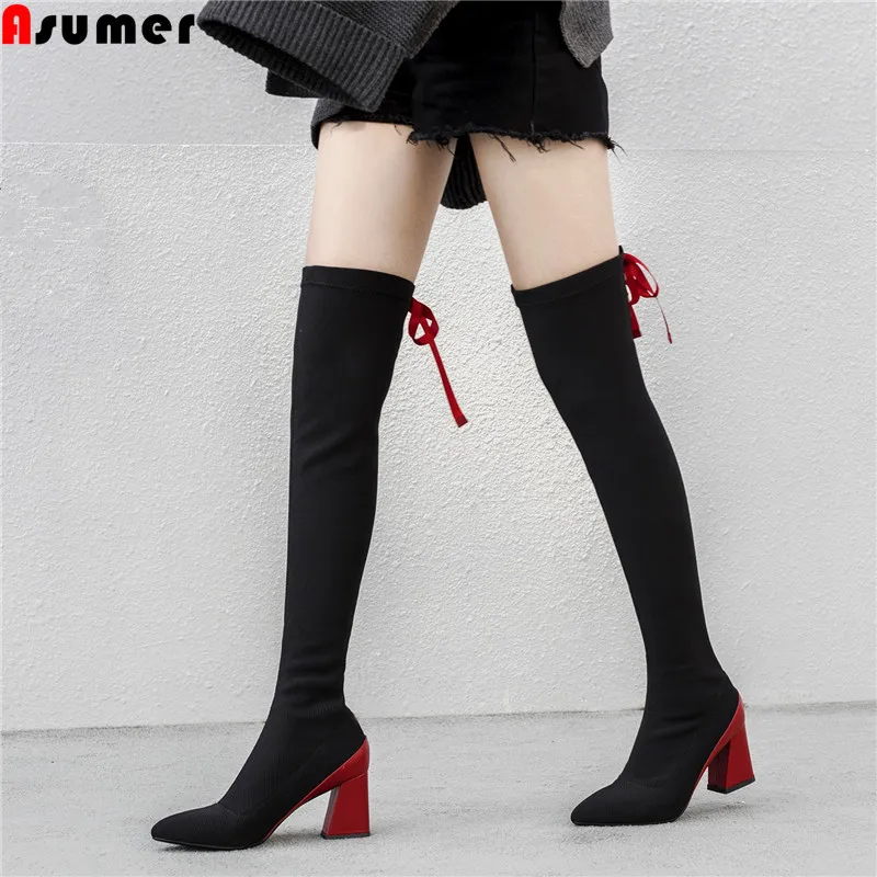 

ASUMER 2018 fashion over the knee boots women pointed toe cross tied stretch thight high boots high heels ladies boots shoes