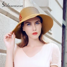 Sedancasesa, новинка, Женские соломенные шляпы с широкими полями для женщин, ручная работа, вышивка в виде цветка, летняя солнцезащитная Кепка, соломенная Кепка, переносная Солнцезащитная шляпа