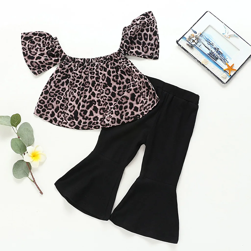 

Toddler Girl Clothes Sets Infant Baby Kid Girl Off Shoulder Leopard Print Flared Tops+Pants Outfits Girls Clothes Summer 2019