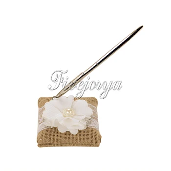 

Wedding Pen Set Burlap Fabric Pen & Pen Stand With Lace Flowers Pearls Pen Holder For Rustic Wedding Decor Register Supplies