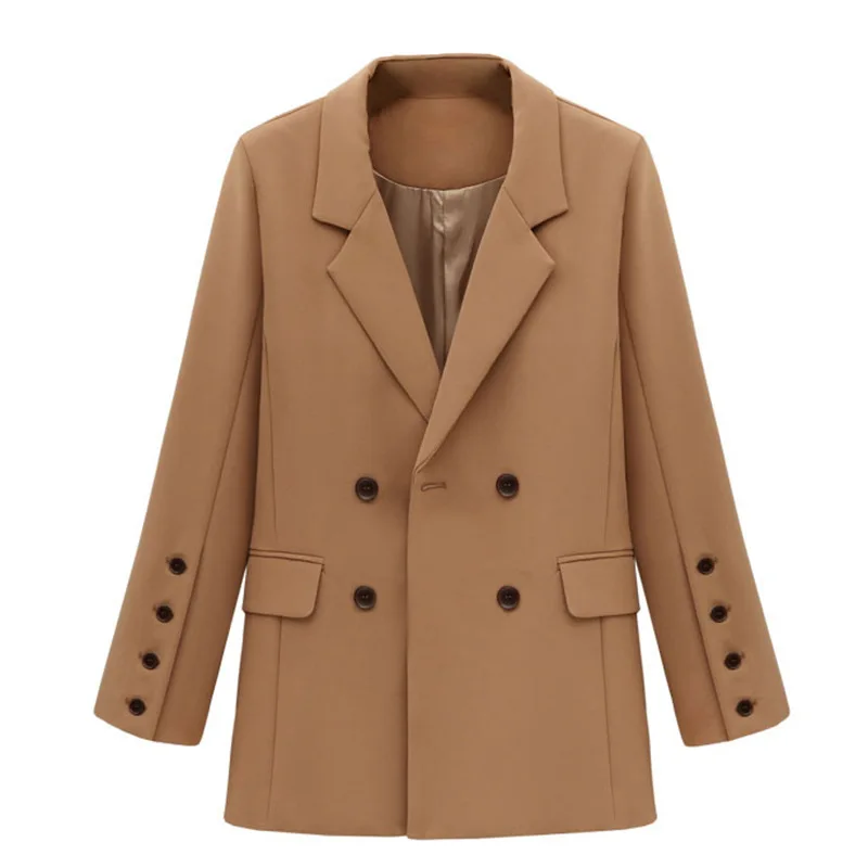 

SWYIVY Women's Suit Solid Color Long Sleeve Blazer Jacket Slim Double Breasted Casual Professional Suit Feminino Spring Autumn