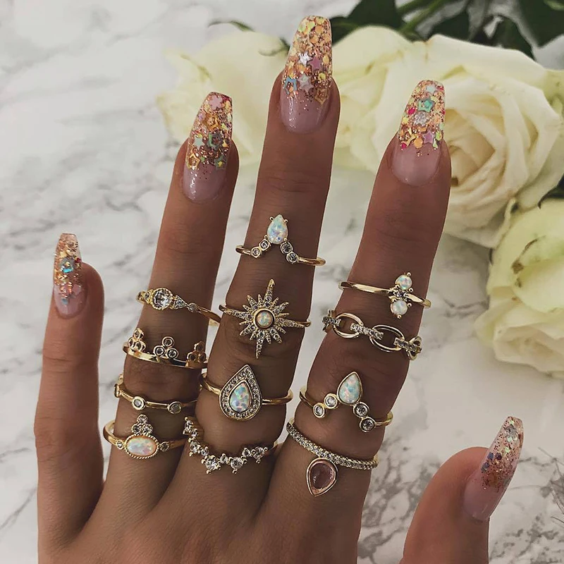 

12 Pcs/ Set Bohemian Star Water Drops Crown Round Gem Geometry Crystal Gold Joint Ring Set Women Personality Jewelry Gift