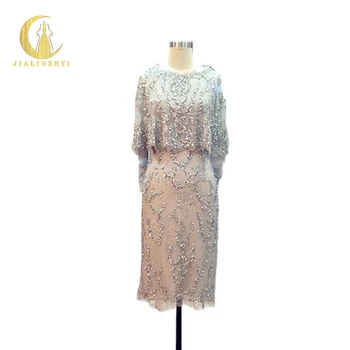

Rhine Real Sample Grey Lace With Full Hand Beads Crystal knee Length The shawl sleeves Party Dresses Mother Prom Dress