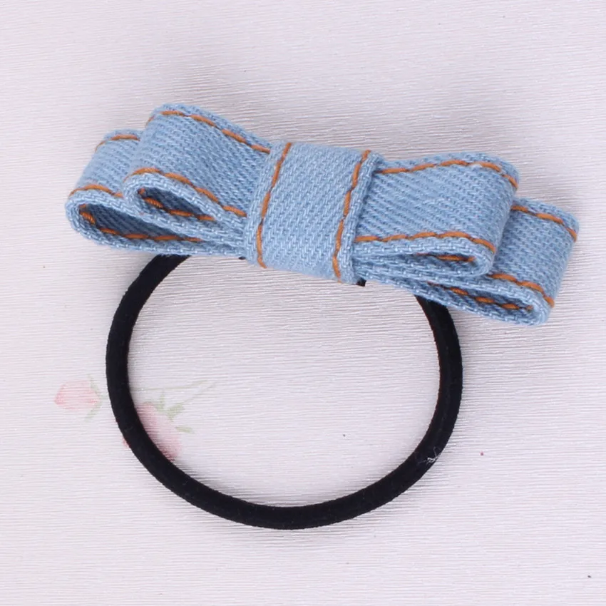 Two Layers Solid Color Denim Bow Elastic Hair Band for Girls High