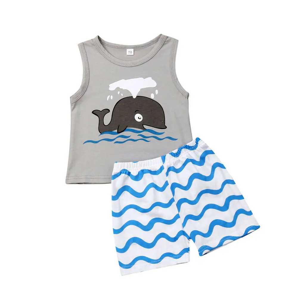 

Infant Toddler Baby Boy Sleeveless Whale Tank Top+Wave Shorts Summer Clothes