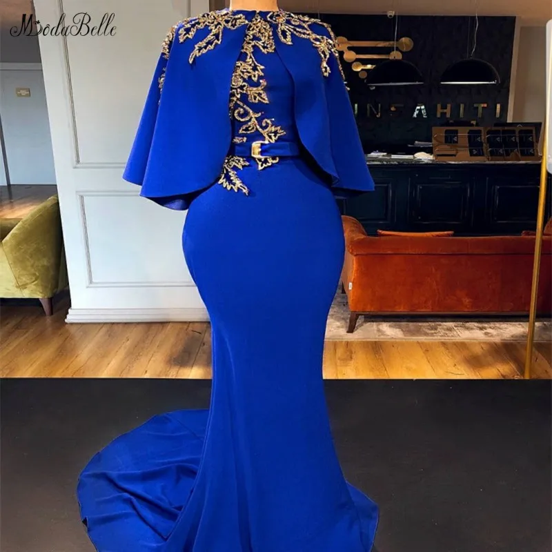 Modabelle Королевский синий вечернее платье Vestidos De Noche Mermiad Золотая аппликация вечернее платье арабский с накидкой Robes De Soiree