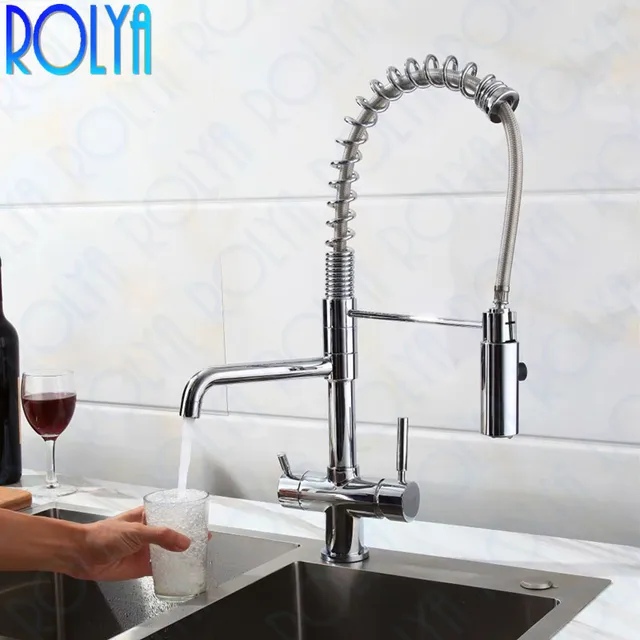 Best Quality Rolya New Tri Flow Kitchen Faucet Swivel with Sprayer Hose Gooseneck Pull Down Sink Mixer Brass Chrome 3 Way Water Filter Tap