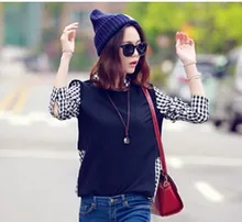 famous design ladies fake two-piece stitched long-sleeve plaid shirt 2016 girls casual outwear tops loose wild pullover blouse