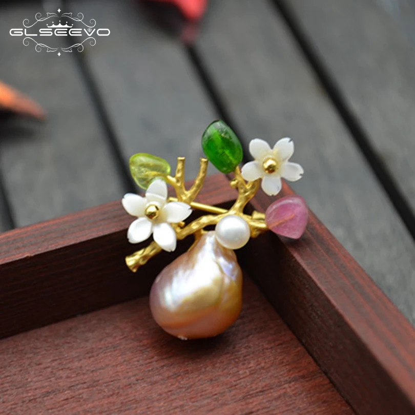 

GLSEEVO Natural Colorful Tourmaline Baroque Pearl Brooch Pin Shell Flower Brooches For Women Dual Use Luxury Fine Jewelry GO0134
