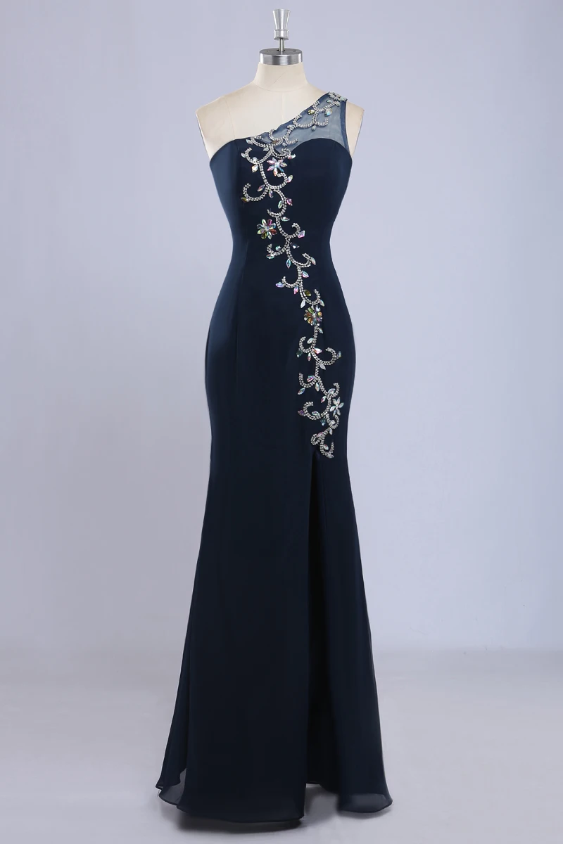 Navy Blue Long Mermaid Prom Dresses Elegant Crystal Beaded One Shoulder