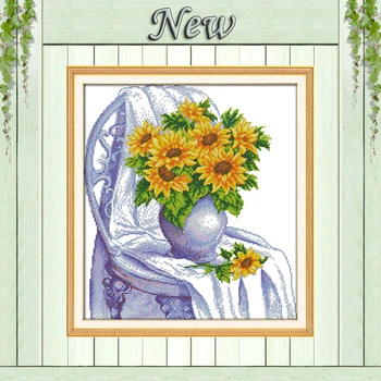 

The chair with sunflowers,Pattern printed on canvas DMC 11CT 14CT Cross Stitch kits,needlework Set embroidery.Beautiful Flower