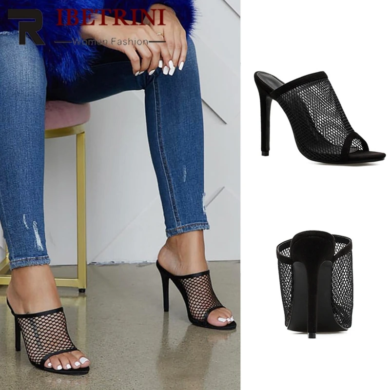 

RIBETRINI New Fashion Hollow Mesh Black Mules Women 2019 Summer Fashion High Thin Heels Slippers Women Casual Shoes Woman