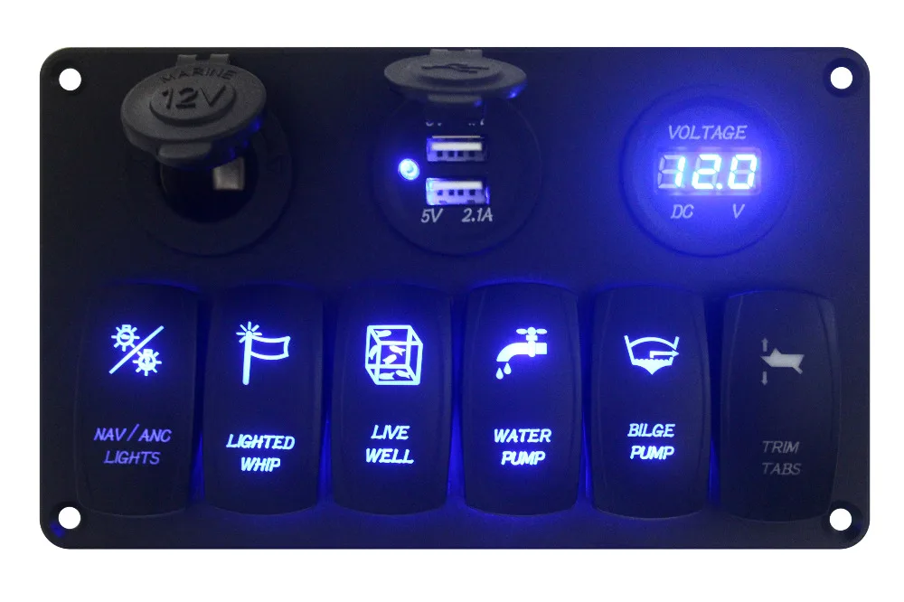 2017 Aluminum RV Car Boat LED 6 Gang Toggle Rocker Switch Panel USB Power Voltmeter Waterproof