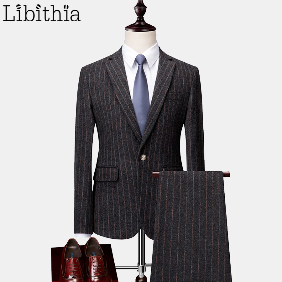 

Men's Slim Fit 2 Pieces Suits Stripe Classic Woolen Fabric Blazer Jacket Big Size 6XL Autumn Winter Dress Wedding Dark Grey T223