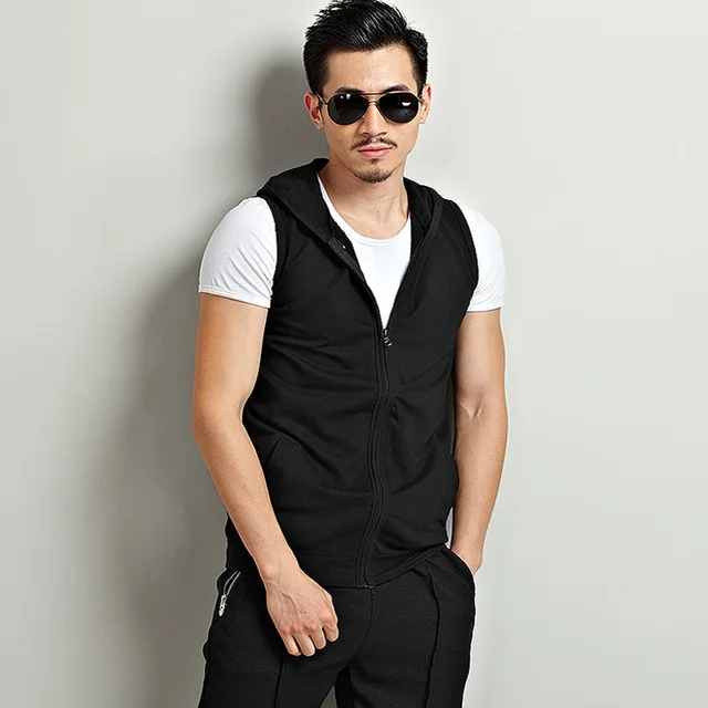 Urban Fashion Sleeveless Shirts Men Stretchy Hooded Tops Vest Short ...