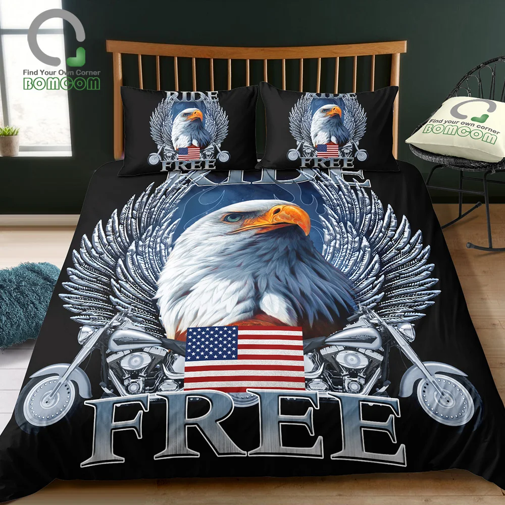 

BOMCOM 3D Digital Printing Harley Motor Style Motorbike and Skeleton Rider With American Eagle USA Flag Bedding 100% Microfiber