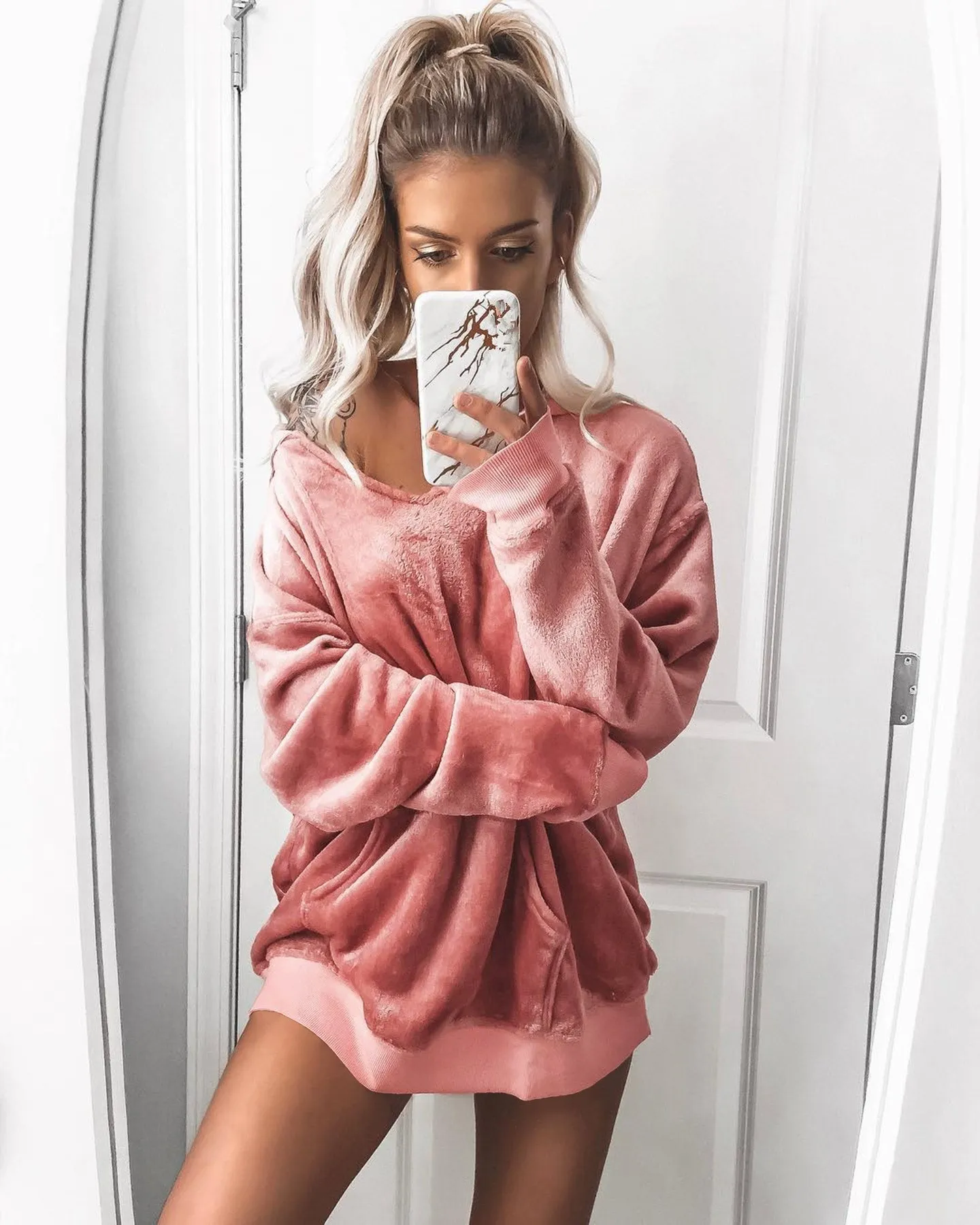Женский пуловер, сексуальный Свободный Топ для сна, Зимняя Теплая Бархатная домашняя одежда для сна, милая розовая свободная Ночная Пижама - Цвет: Розовый