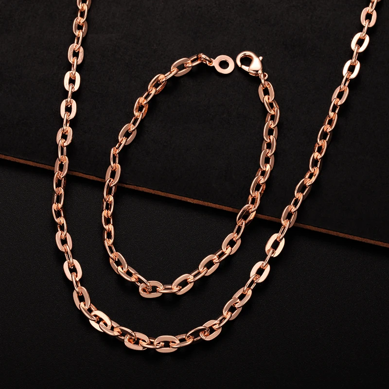 

5mm Men Women Rose Gold Color Smooth Oval Round Bracelets Set Necklace Jewelry Sets