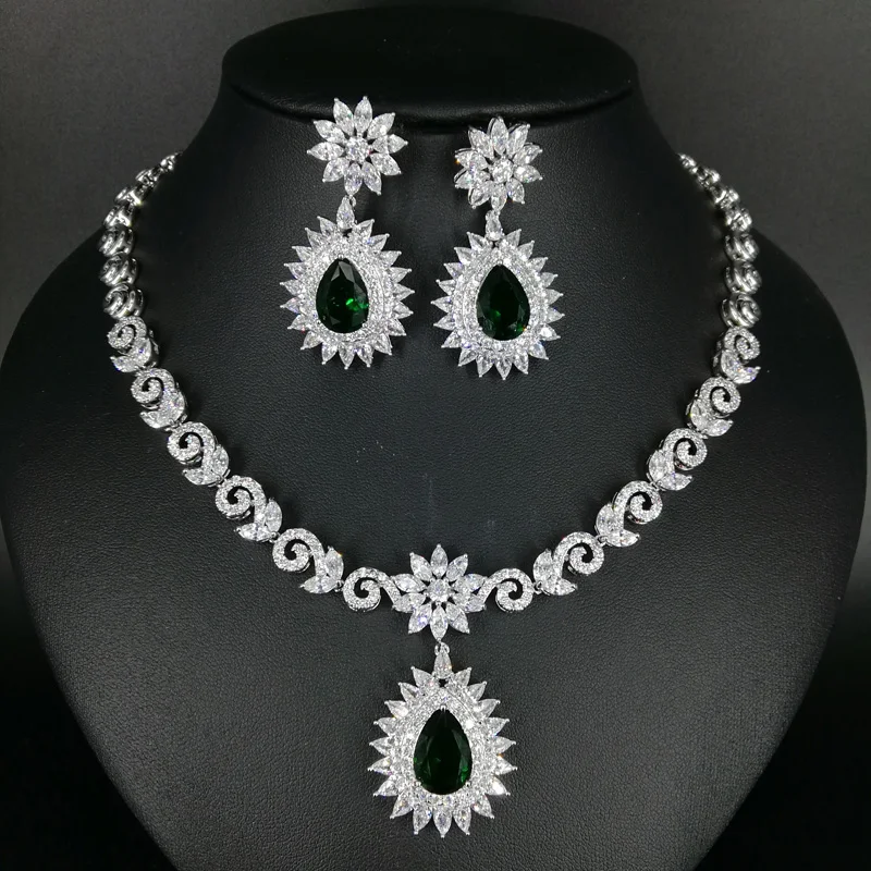 

2019 NEW FASHION,elegant green water drop zircon necklace earring set,wedding bride dinner dress banquet jewelry free shippin