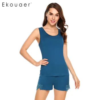 

Ekouaer 2017 Brand Casual Pajamas Women Lace O-Neck Sleeveless Tank Tops with Elastic Waist Shorts Sleepwear Pajama Sets