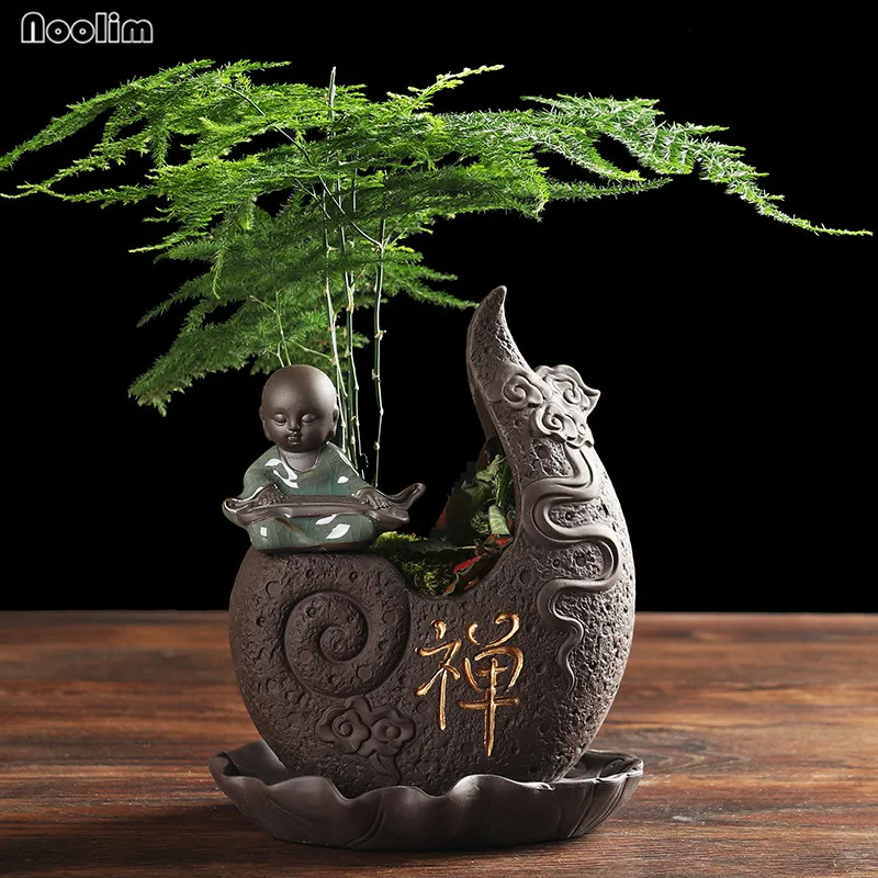 

NOOLIM Small Monk Black Purple Clay Buddha Flower Vase with Tray Creative Personality Classical Chinese Style Succulent Pot