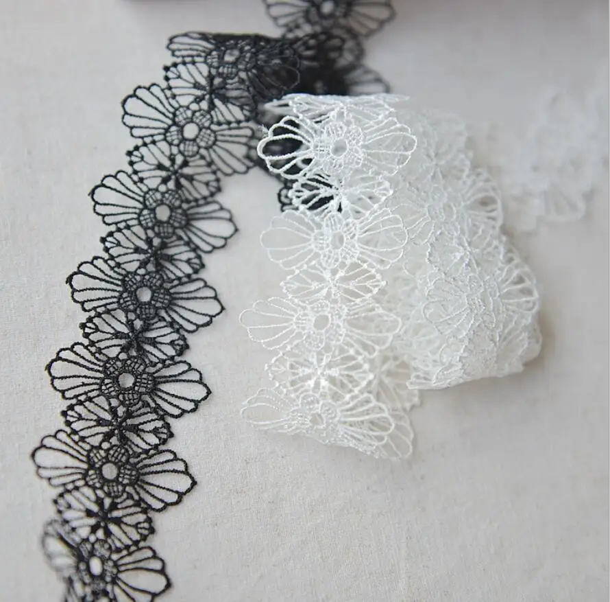 

15Yard White/Black Flower Embroidered Lace Fabric Trim Ribbon For Apparel Sewing DIY Bridal wedding Doll Cap Hair clip