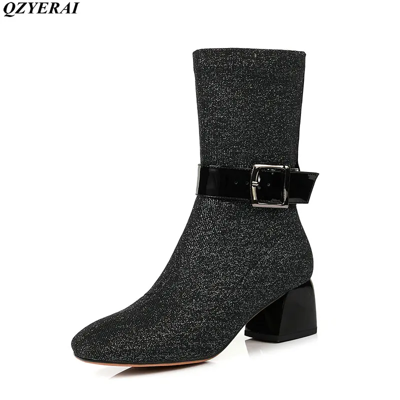 

QZYERAI 2018 New Style Comfortable Elastic Short Boots Warm Sheepskin Insole Female Boots Buckle Fashionable Female Shoes Size43
