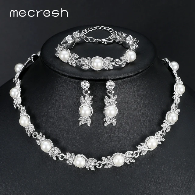 Mecresh Simulated Pearl Bridal Jewelry Sets Silver Color Wedding Mecresh Simulated Pearl Bridal Jewelry Sets Silver Color Wedding Necklace Earrings Bracelets Party Mtl444
