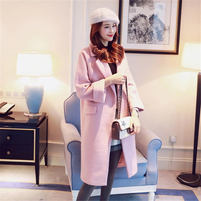 New Winter Woman High Quality Fashion Long Wool Coats Female Loose Elegant Turn-down Collar Outerwear Cardigan Jackets B94