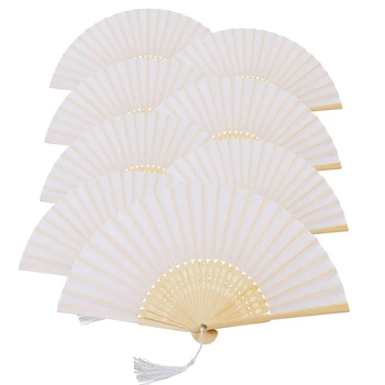 

8Pcs Folding Fan White Silk Bamboo Handheld Folded Fan Bridal Dancing Props Church Wedding Gift Party Favors Home Office Diy D