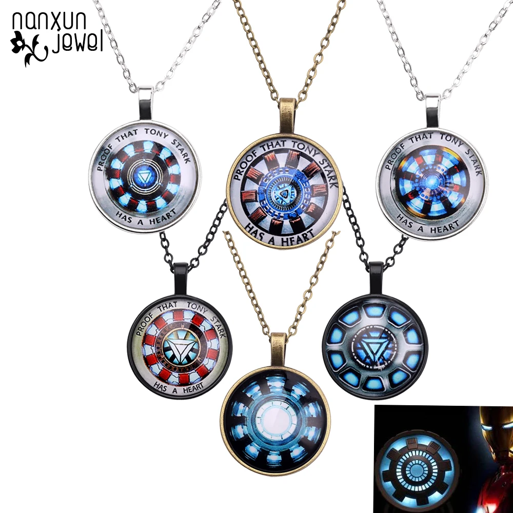 

Hot Movie Avengers 4 Iron Man Heart Crystal Glass Round Pendant Necklace Tony Stark 18 Kinds Women Men Fans Necklace Jewelry