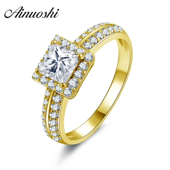 

AINUOSHI Real 14K Solid White/Yellow Gold Square Halo Ring Double Pave Setting Drills Band Princess Cut CZ Women Wedding Ring