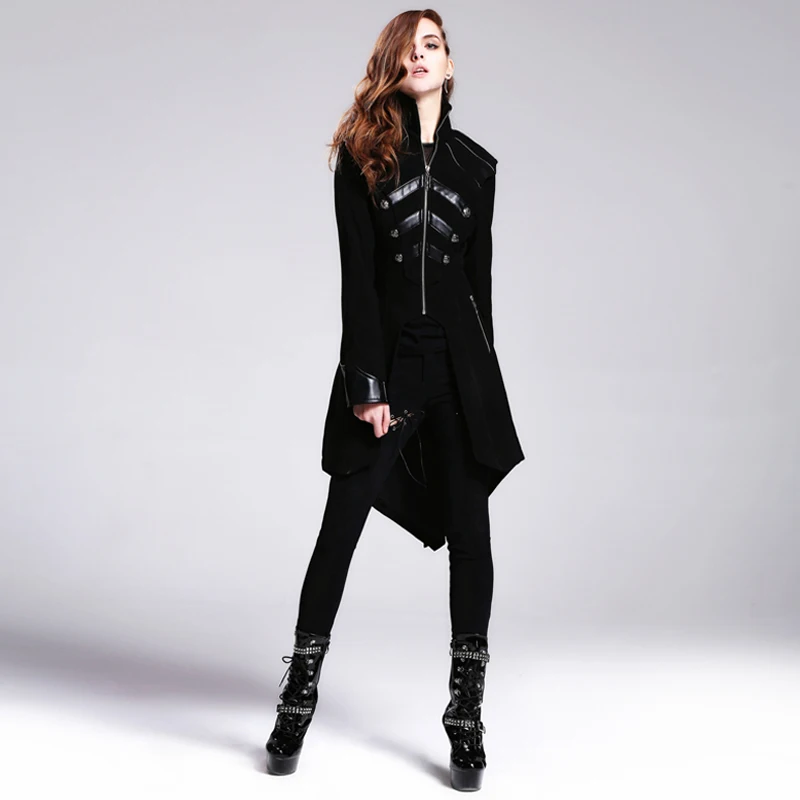 

Devil Fashion Steampunk High Collar Slim-Fitting Women Long Jacket Punk Gothic Black Long Sleeve Casual Coats Windbreakers