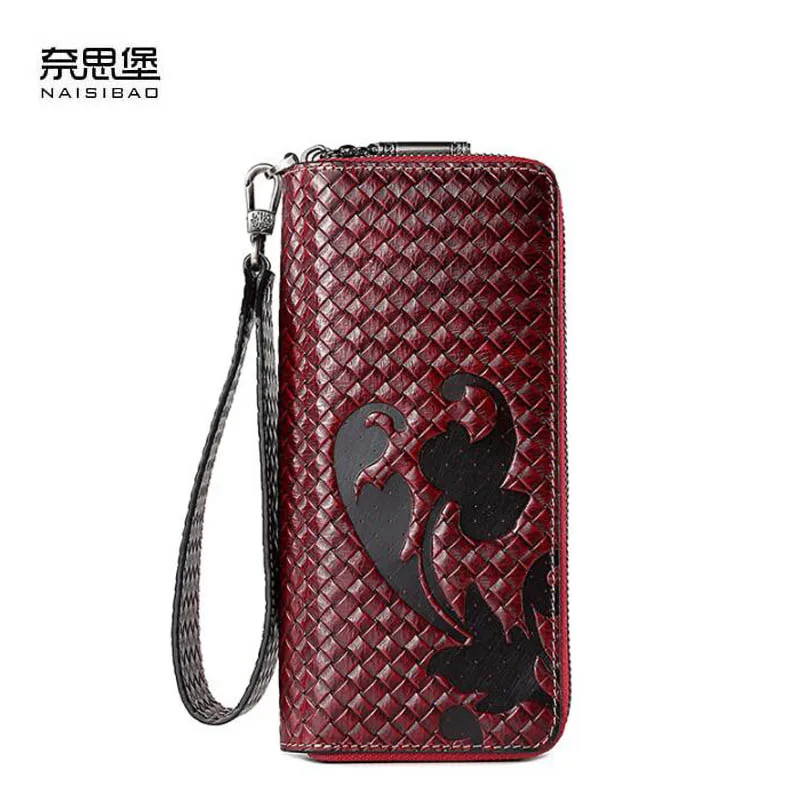 

2018 new leather wallet Ms. long section of high-capacity double zipper wallet Retro Weaving head wallet