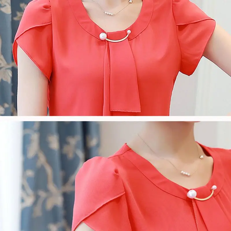 Для женщин короткий рукав шифоновая рубашка женские офисные o-образный вырез блузы-Рубашки приталенные