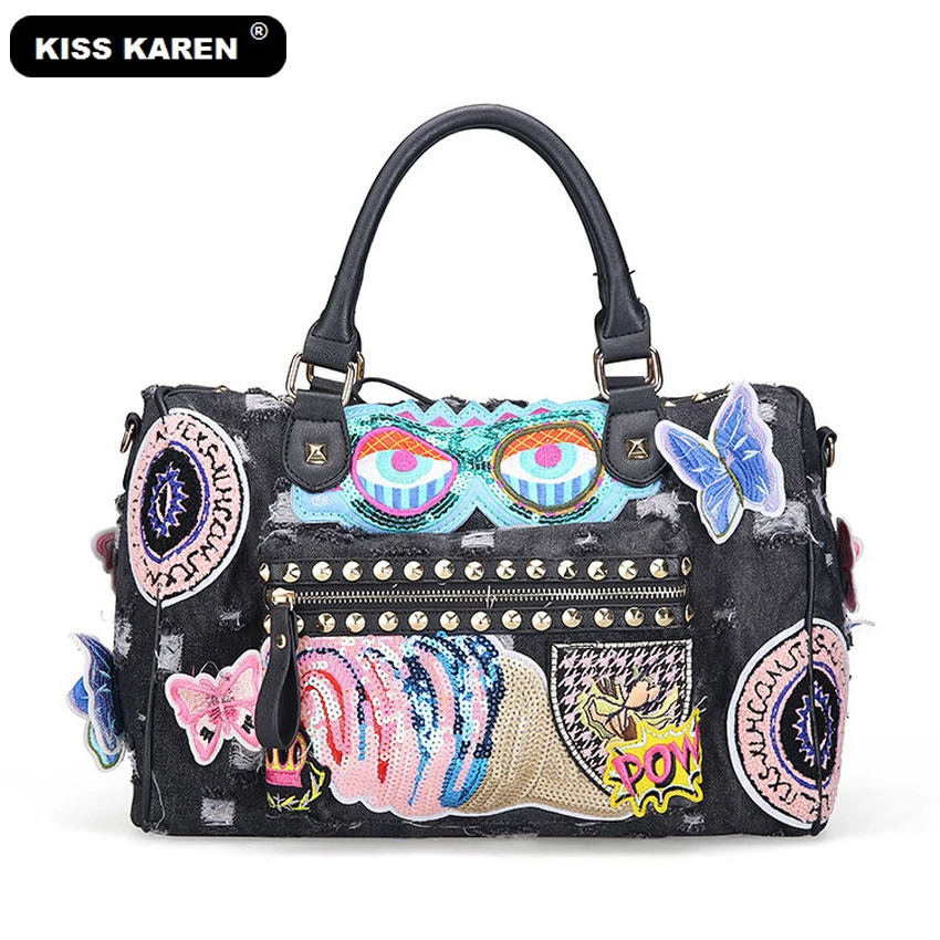 KISS KAREN Casual Fashion Women Tote Butterfly Appliques Denim Bag Lady Handbag Jeans Tote Bag Vintage Women's Shoulder Bags KISS KAREN Casual Fashion Women Tote Butterfly Appliques Denim Bag Lady Handbag Jeans Tote Bag Vintage Women's Shoulder Bags