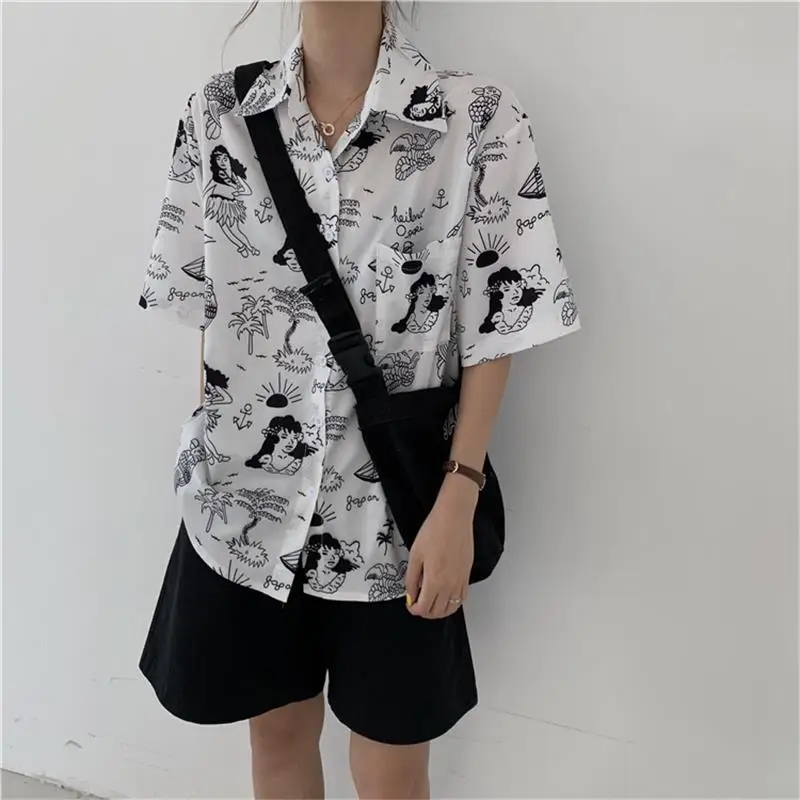 

Loose Lapel Doodle Short Sleeve Casual Shirt Women's Summer Shirts Kawaii Ulzzang Lovely Female Sweet Harajuku Top For Women Ins