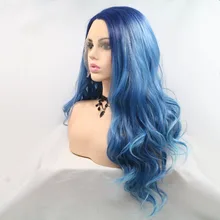 Marquesha длинные волнистые Ombre синий синтетический кружевной передний парик для косплея макияж парики для женщин
