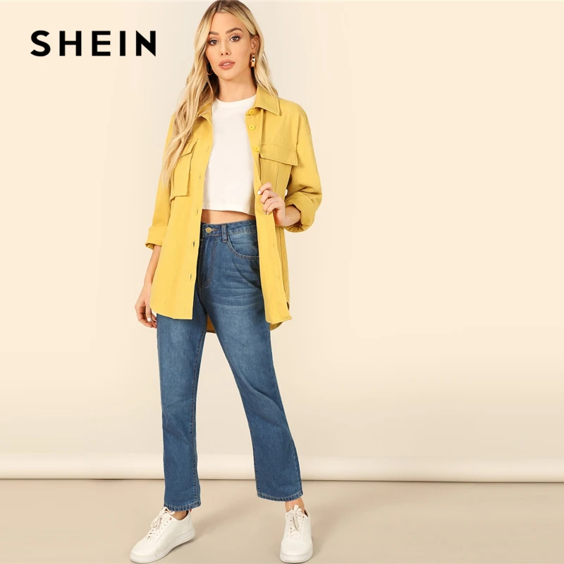 New  SHEIN Yellow Dual Flap Pocket Front Shirt Plain Jacket Autumn 2019 Casual Regular Single Breasted W